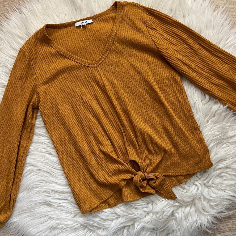 Mustard waffle knit tie front top